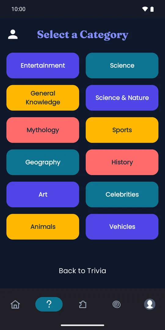 Category picker with colorful buttons for Entertainment, Science, History and more