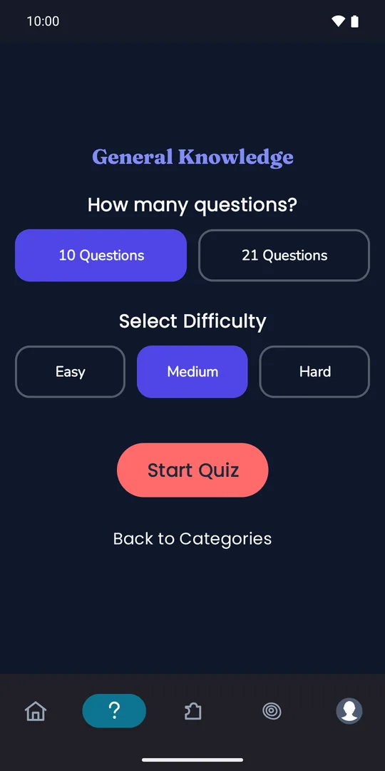 Quiz setup for General Knowledge with a choice of 10 or 21 questions and Easy, Medium or Hard difficulty