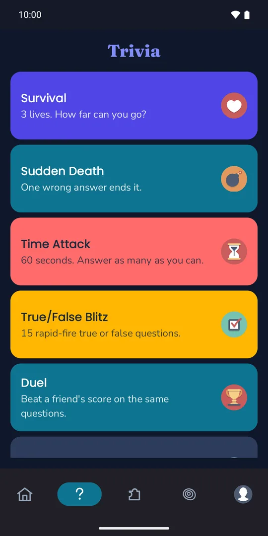 The Trivia tab listing the Survival, Sudden Death, Time Attack, True or False Blitz and Duel modes
